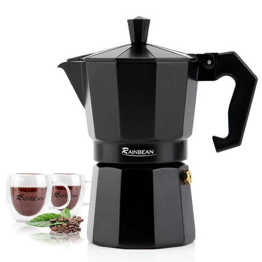 Stovetop Espresso Maker, Espresso Pot, Gas or Electric, Aluminum Black Gift package with 2 cups