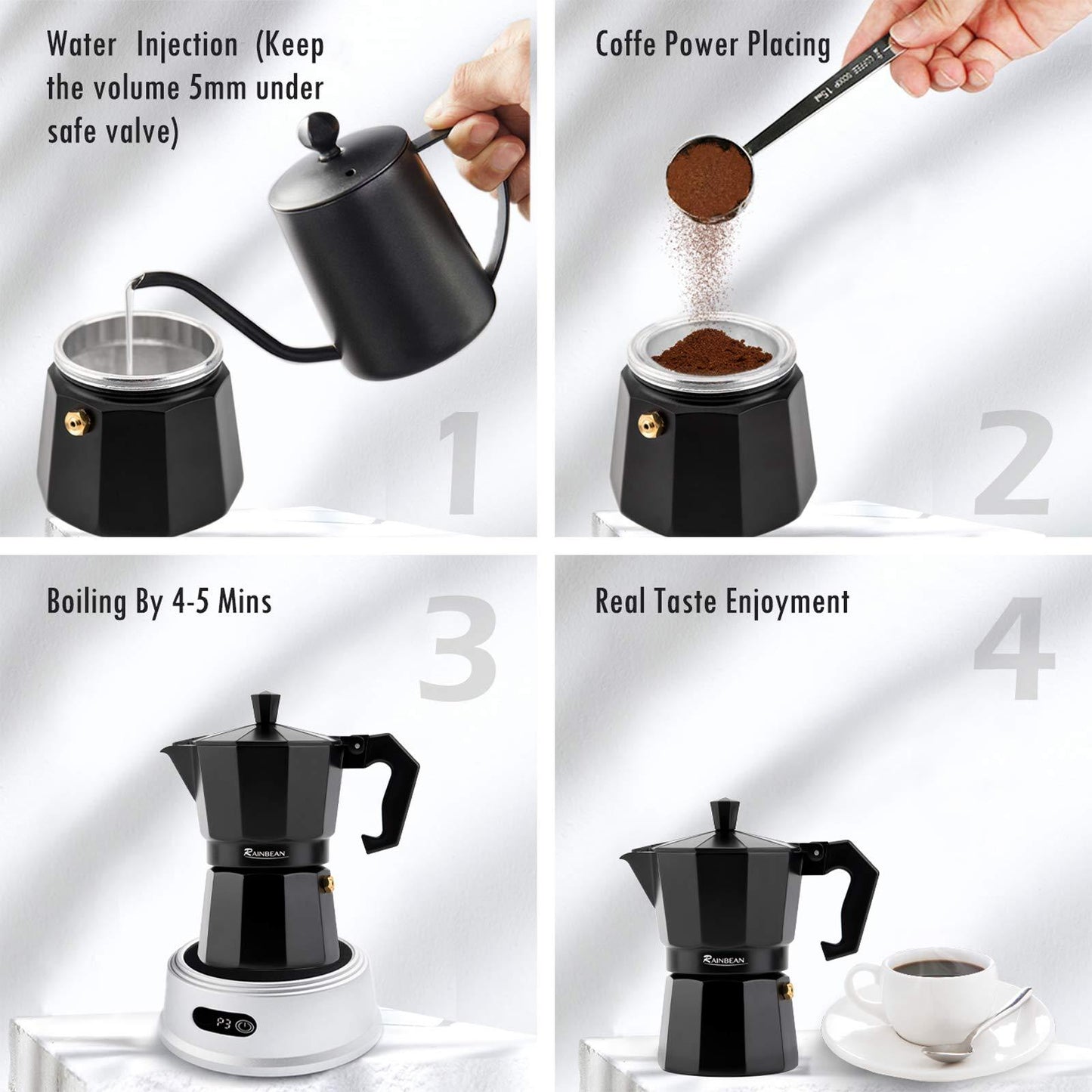 Stovetop Espresso Maker, Espresso Pot, Gas or Electric, Aluminum Black Gift package with 2 cups