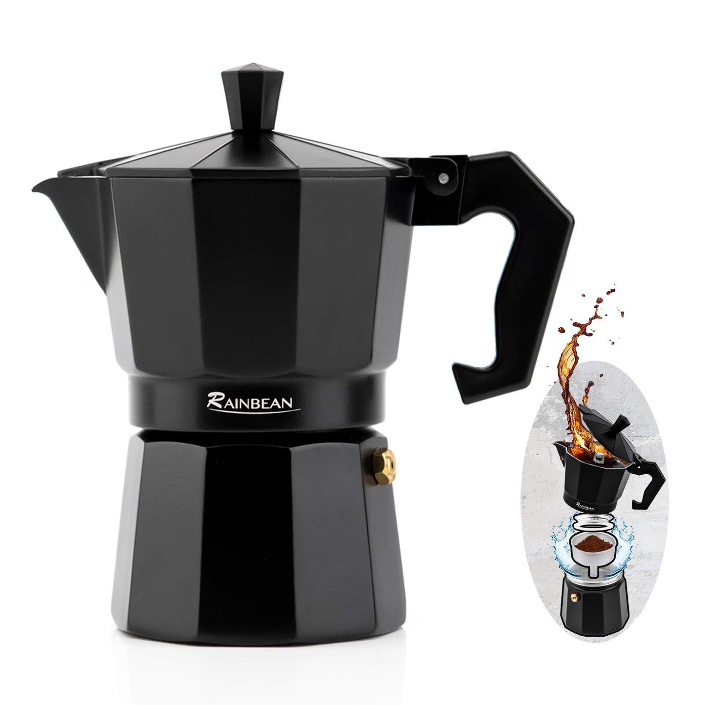 Stovetop Espresso Maker, Espresso Pot, Gas or Electric, Aluminum Black Gift package with 2 cups